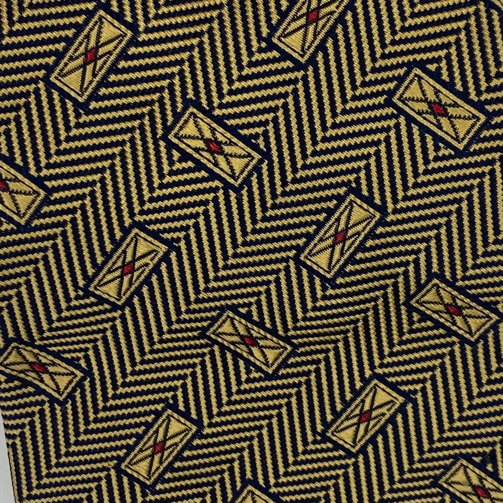 PAUL FREDRICK‎ Mens Silk Necktie Navy Gold Geometric Rectangles 57